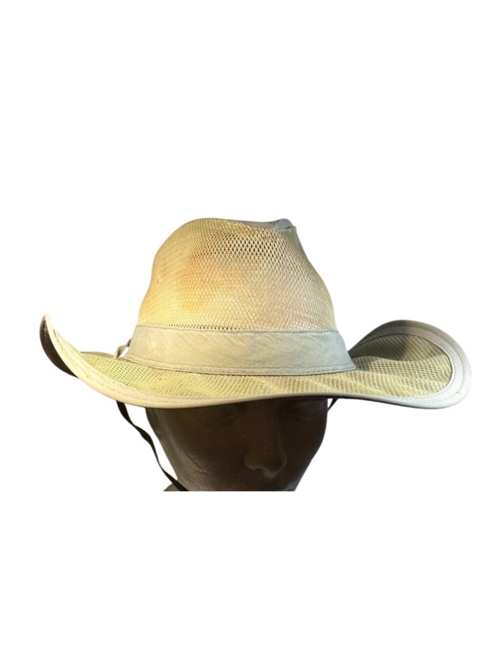 Dorfman Pacific Mesh Sun Hat Wide Brim Large Nylon Beige Adjust Chin Strap DPC